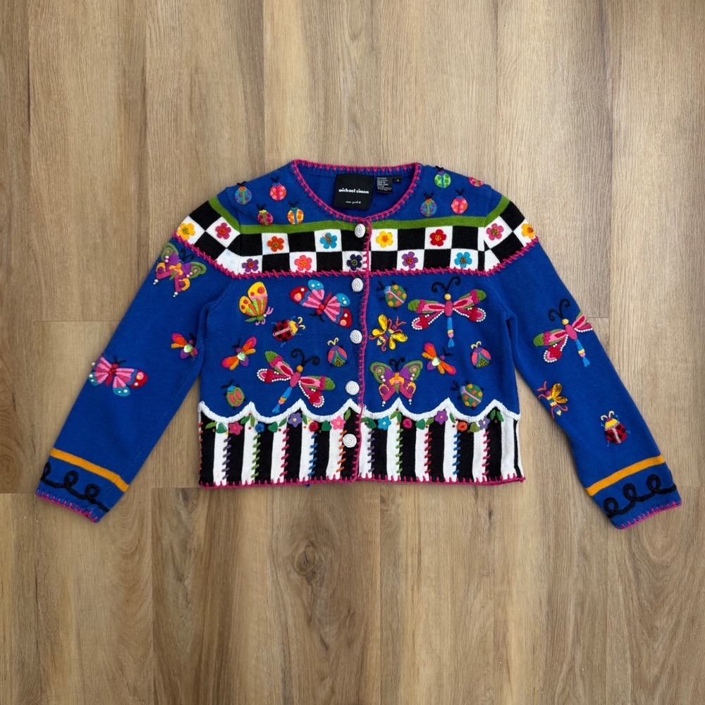 Vintage Michael Simon Blue Embroidered Butterfly Ladybug Cardigan Sweater Small
